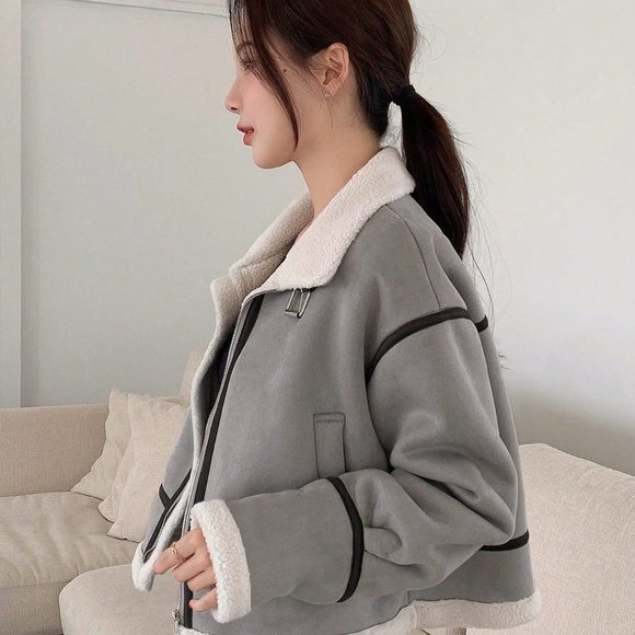 Grey Casual Womens Buckled Detail Drop Shoulder Teddy Lined Zip Up Jacket - Picture 3 of 5